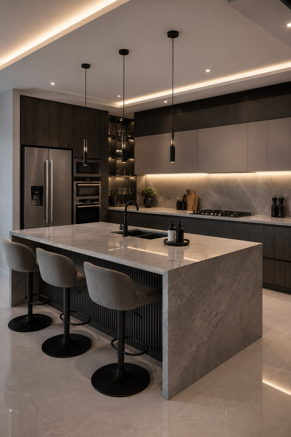 High-Gloss Acrylic Modular Kitchen with Calacatta Quartz Countertop & Seamless Edge #46